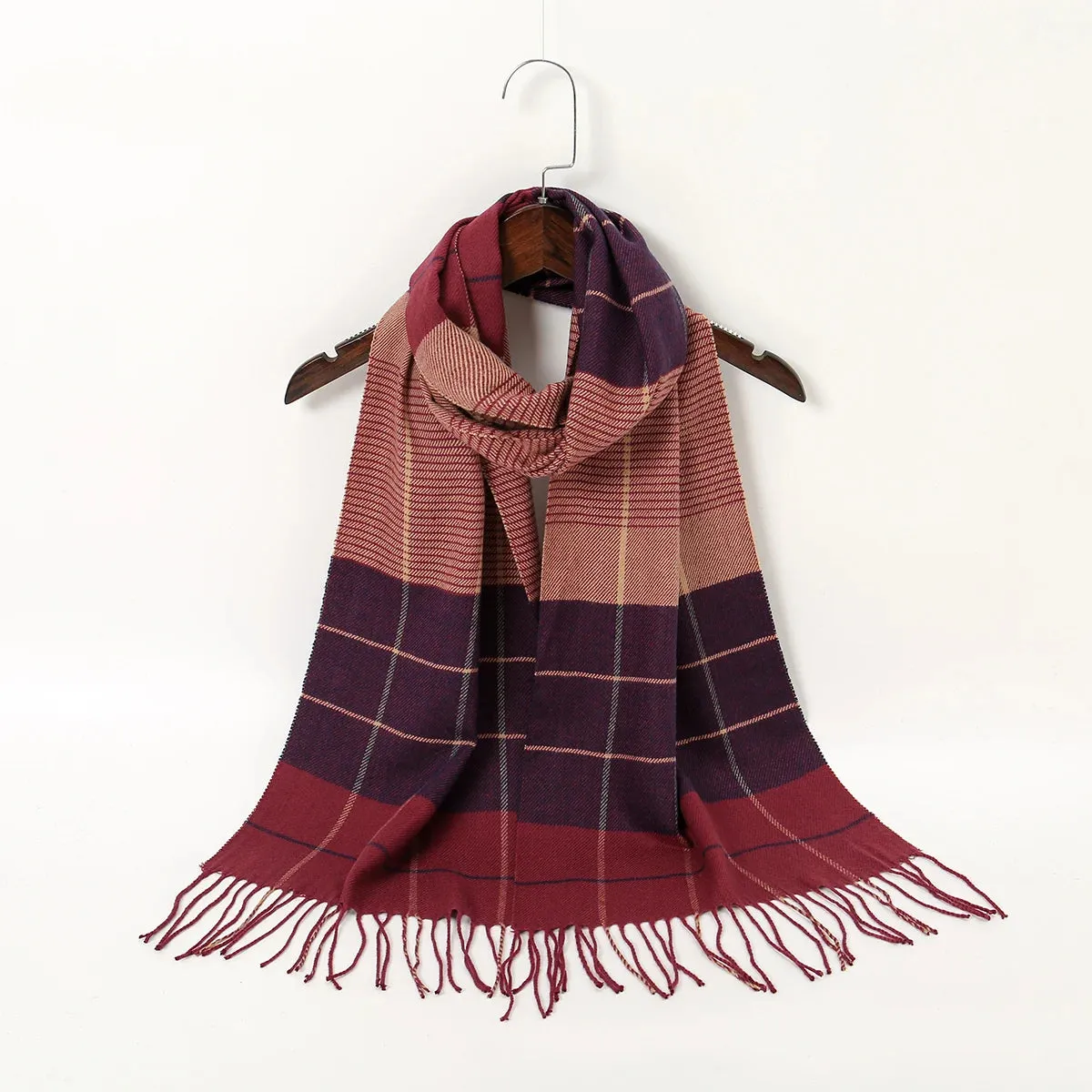 Luxury Plaid Print Warm Travel Cashmere Winter Pashmina Tassel Long Casual Scarf