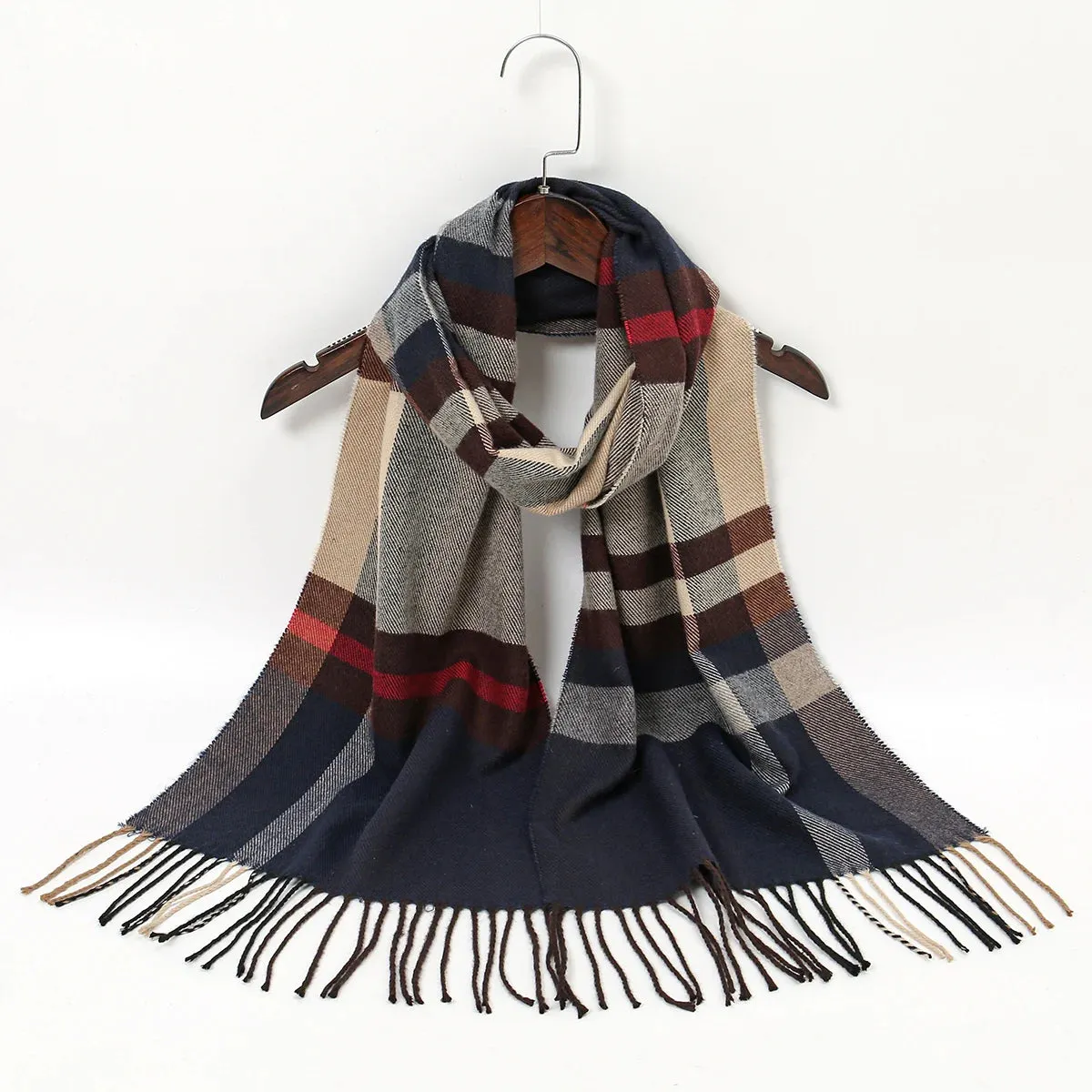 Luxury Plaid Print Warm Travel Cashmere Winter Pashmina Tassel Long Casual Scarf