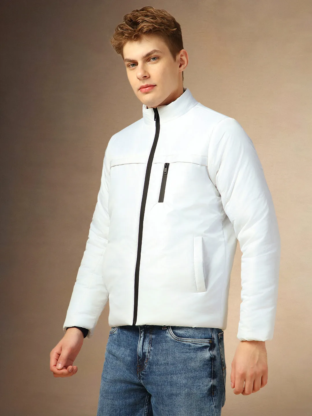 Men's White Solid Mock Collar Full Sleeves Jackets