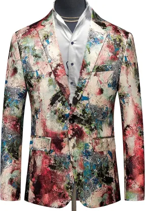 Men's Slim-Fitting Fashionable Flat-Collar Party Blazer Jacquard Flower Pattern