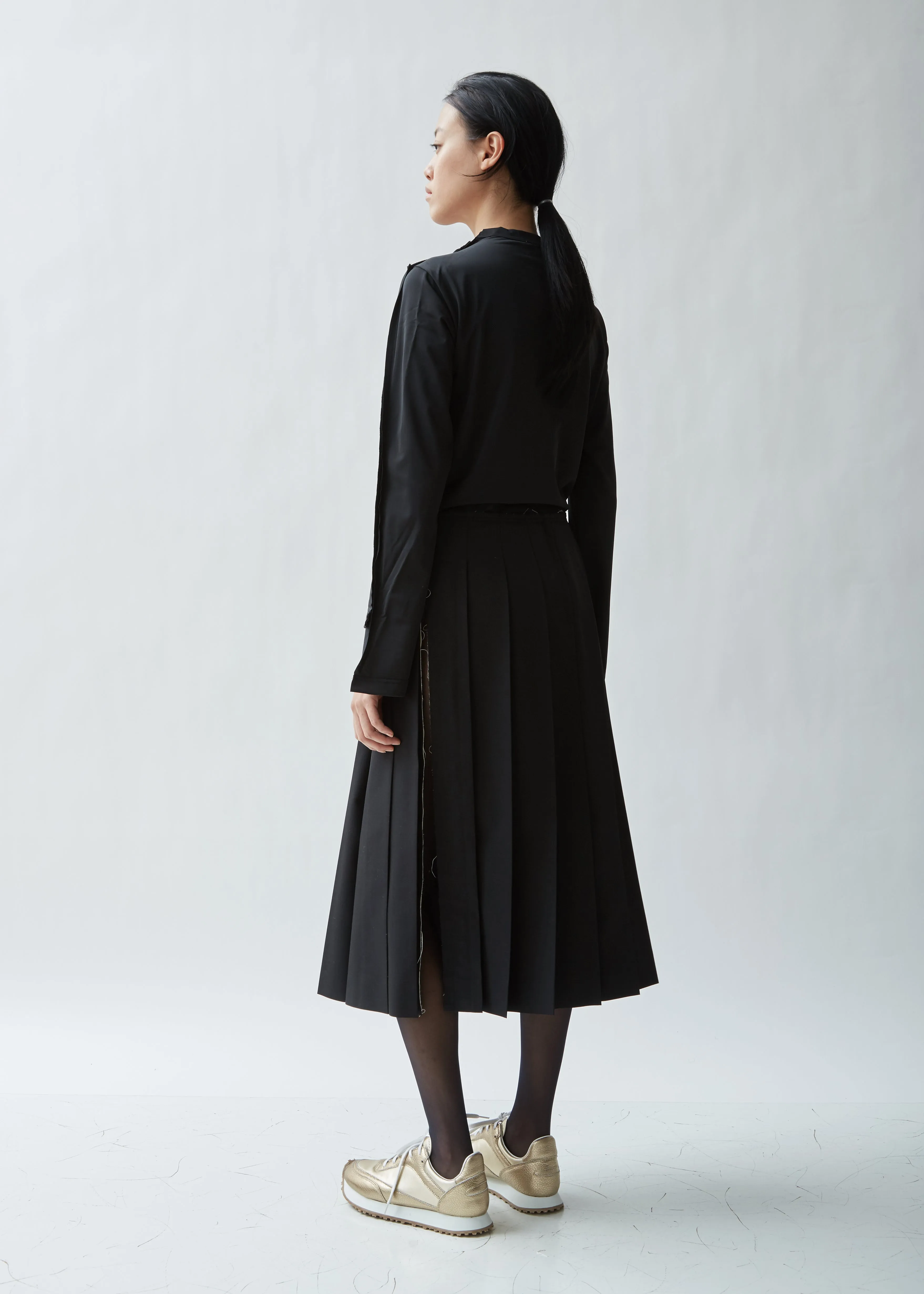 Pleated Split Seam Gabardine Skirt