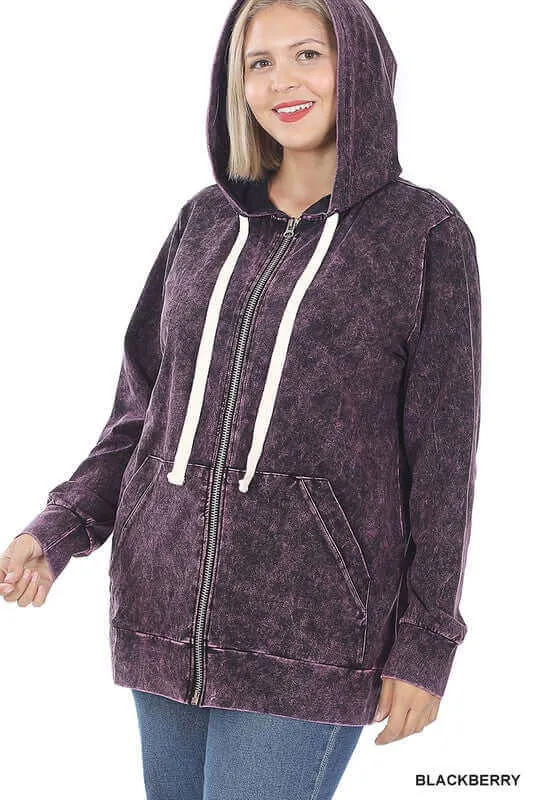 Plus Size Mineral Wash Zippers Hoodie Jacket