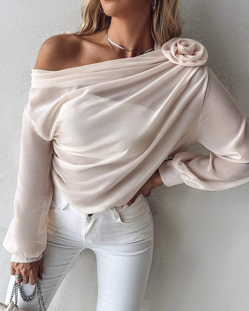 Rose Detail Ruched Skew Neck Chiffon Top