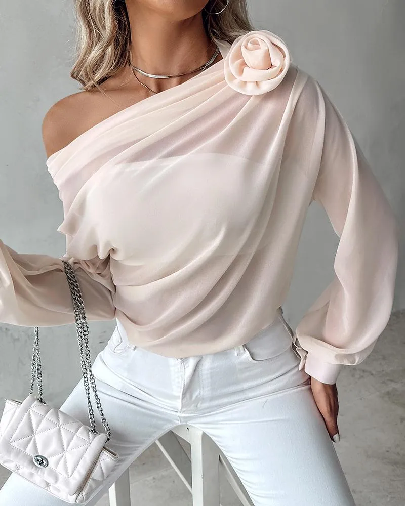 Rose Detail Ruched Skew Neck Chiffon Top