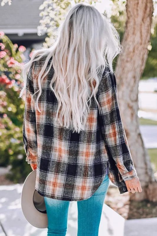 Rounded Hem Plaid Shacket with Slits