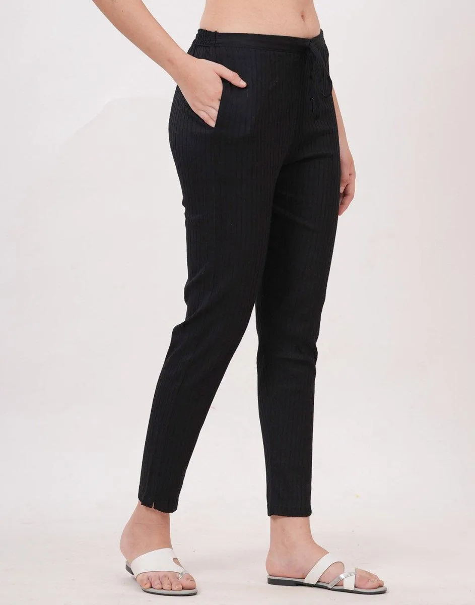 Satrangi Women's Black Viscose Ribbed Lycra Trouser