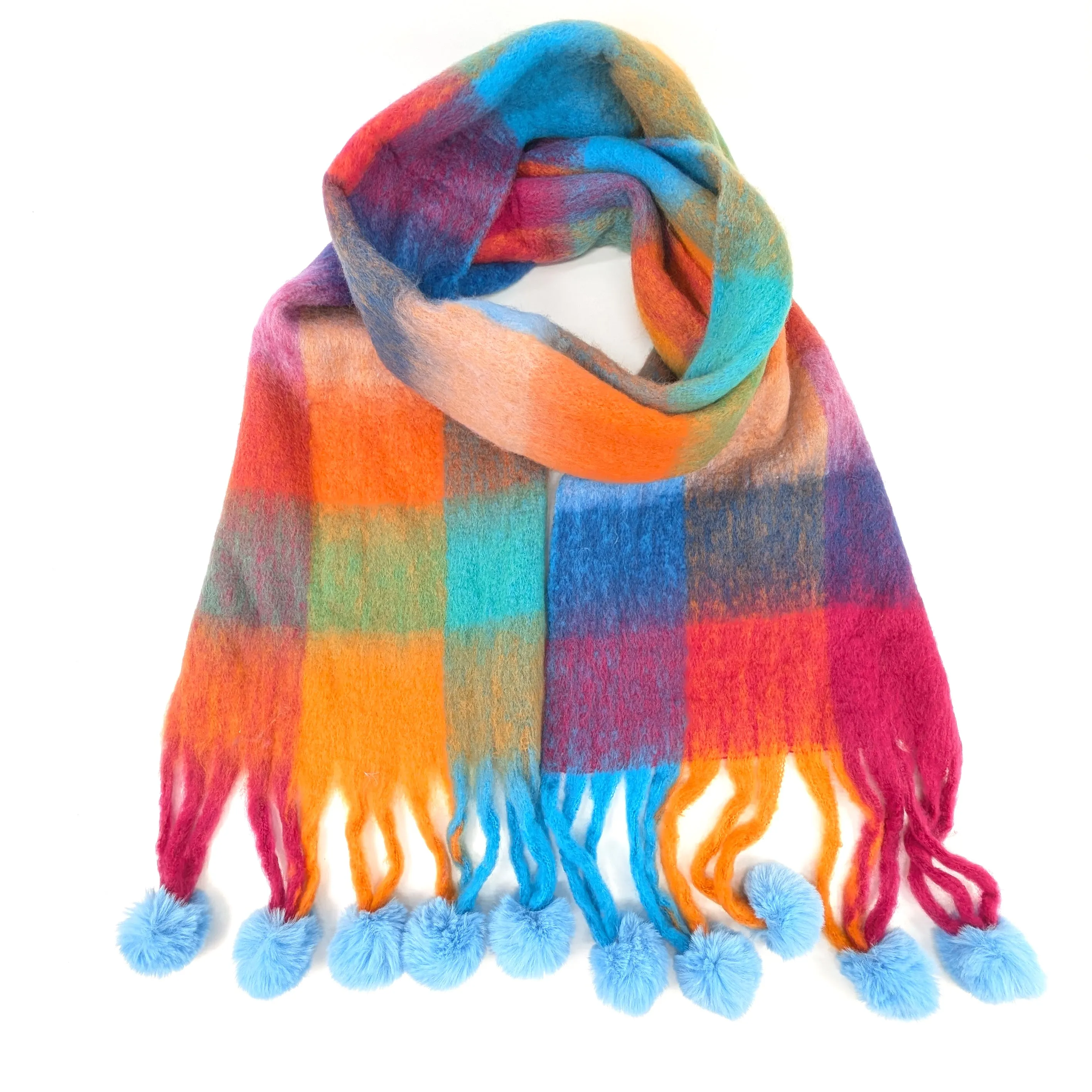 Skala - Extra Thick Check PomPom Scarf (40x210cm) - Bold Colours