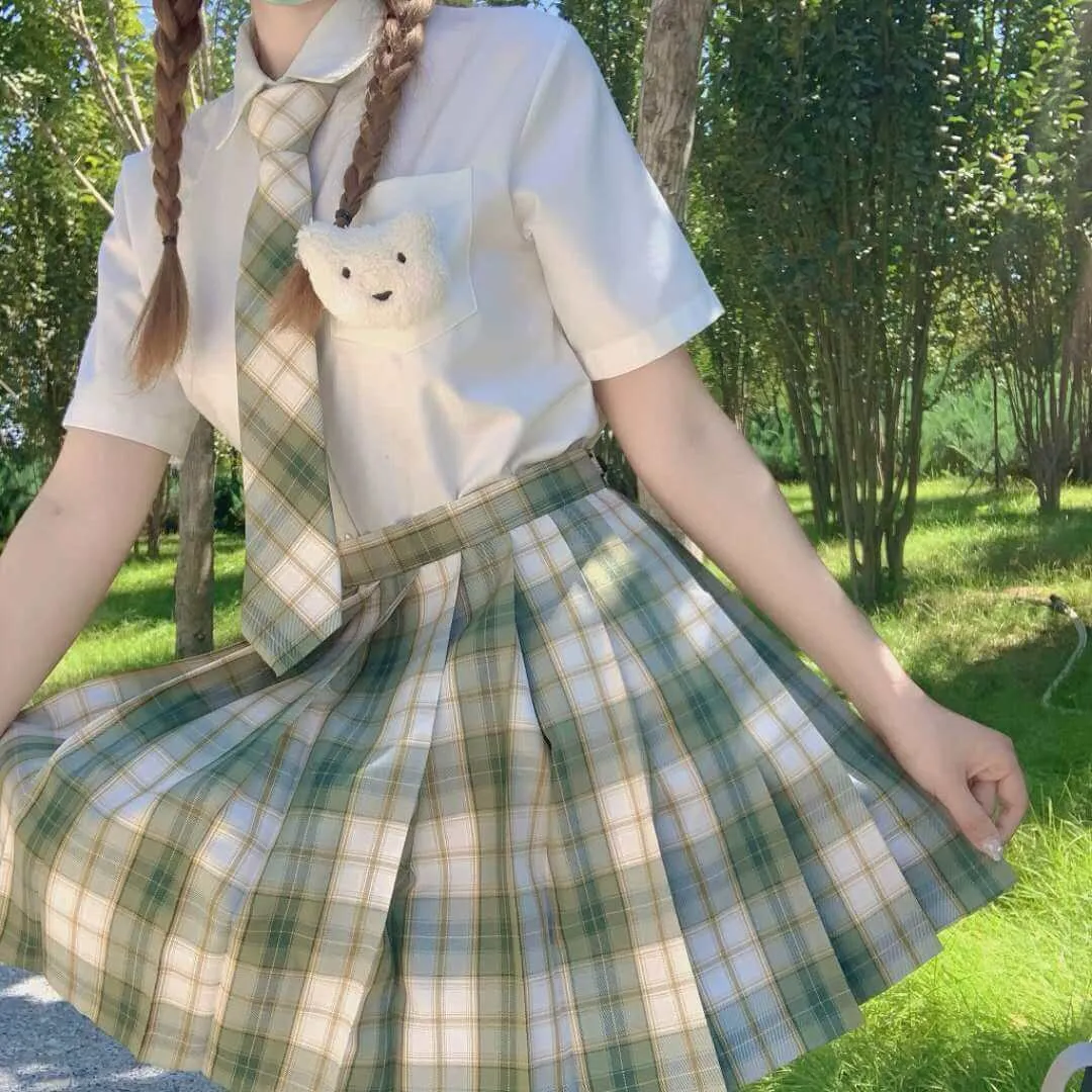 [Skirt / Bow] JK Matcha-Green plaid uniform skirt