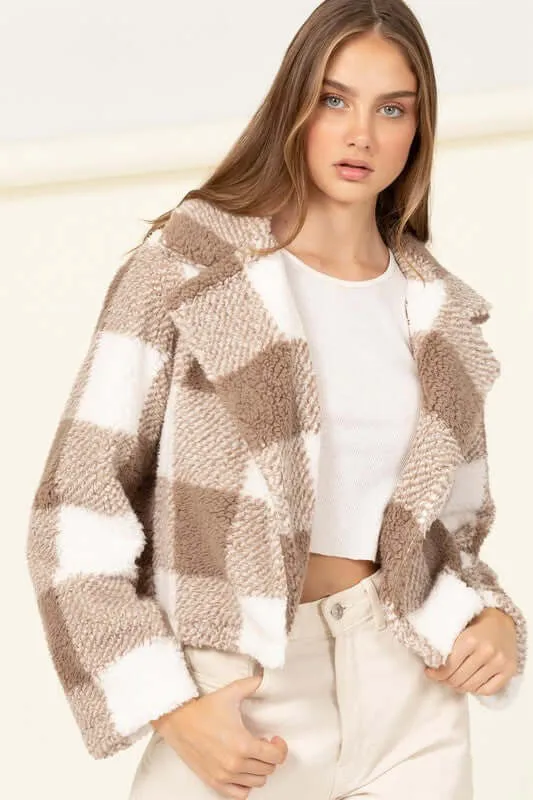 Toffee Lucky Break Plaid Pattern Fur Jacket