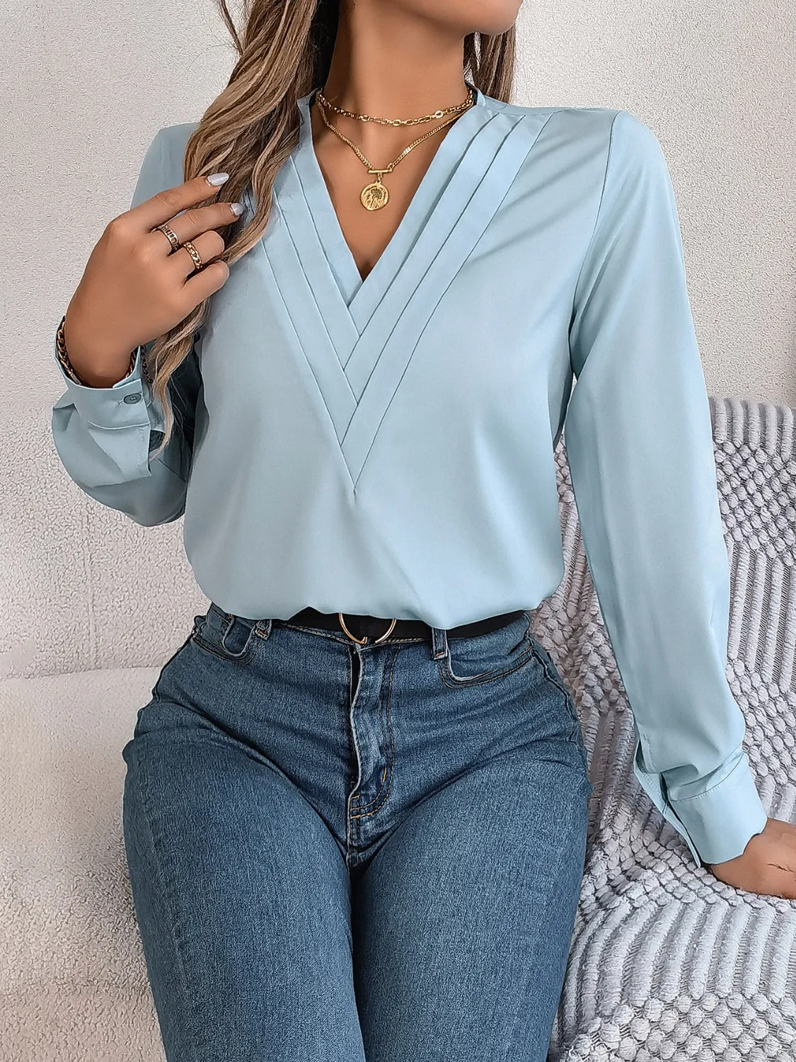 V-Neck Long Sleeve Blouse