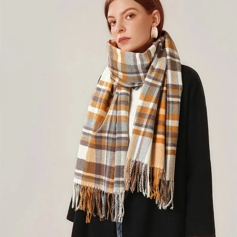 Vintage Plaid Cashmere Knit Tassel Scarf for Women