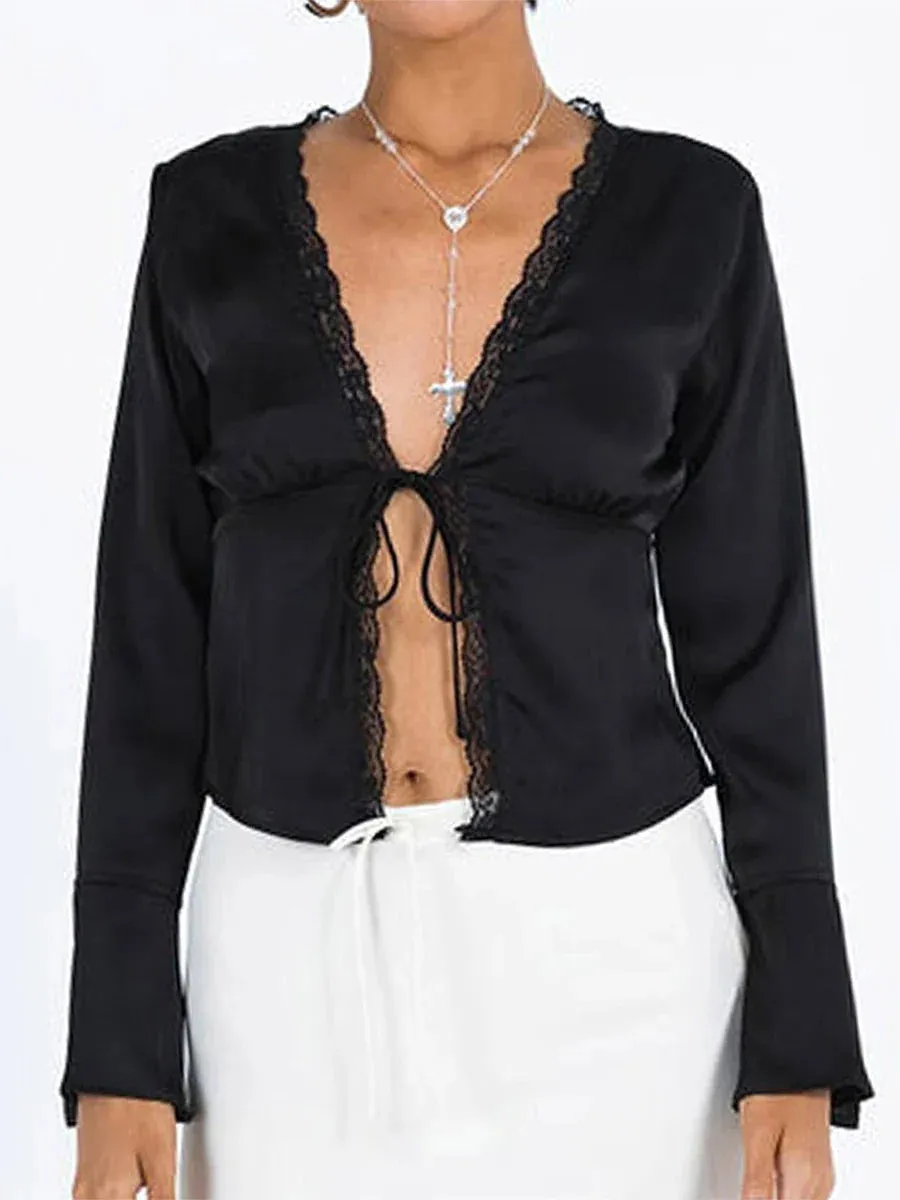 Women's Lace Trimmed Satin Blouse with Tie-Up Neck