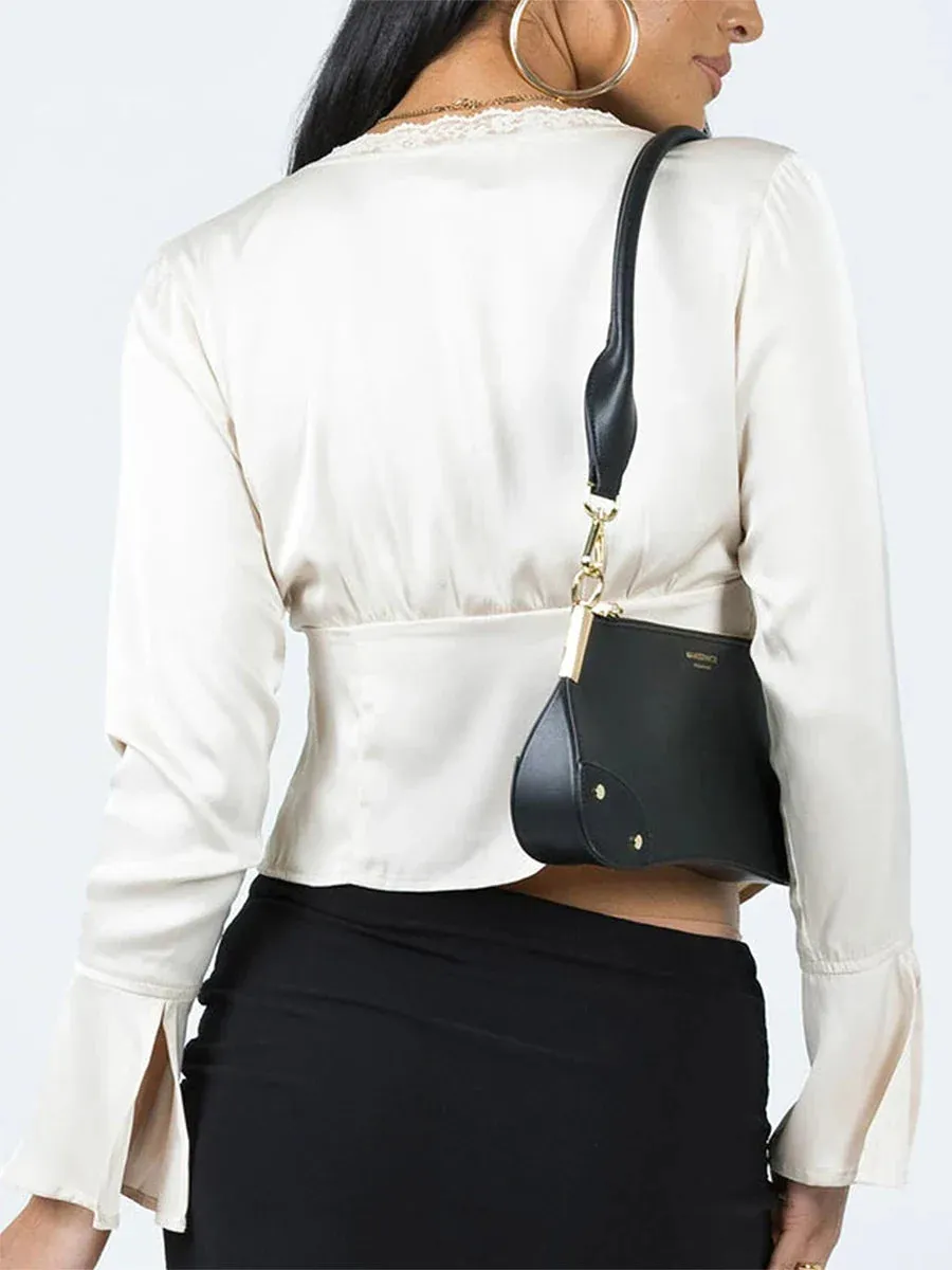 Women's Lace Trimmed Satin Blouse with Tie-Up Neck