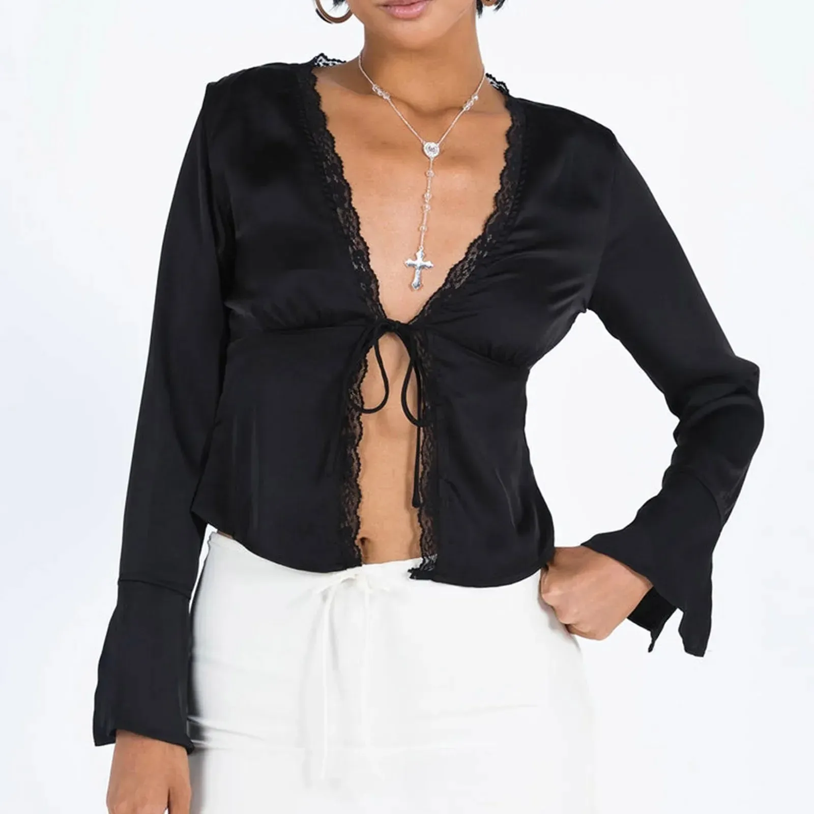 Women's Lace Trimmed Satin Blouse with Tie-Up Neck